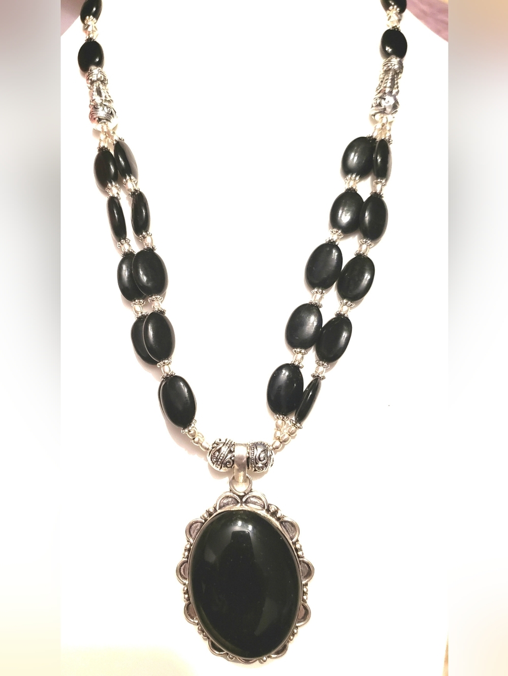 NEW LOTS OF SILVER, Lg Ov Black Onyx & Silver Pendant & Double Strand Onyx/Silv.